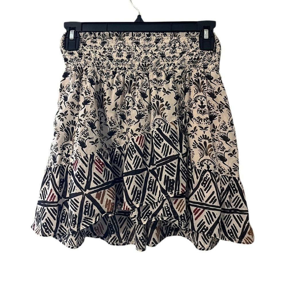 Free People Melissa Tiered Black & Cream Floral Mini Skirt Elastic Waist Size XS